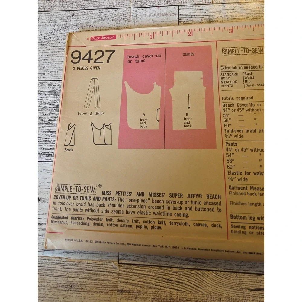 9427 Vintage Simplicity Sewing Pattern Misses Super Jiffy Beach Cover Up Pants